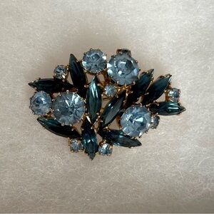 Blue Rhinestone Brooch Gold Tone Metal